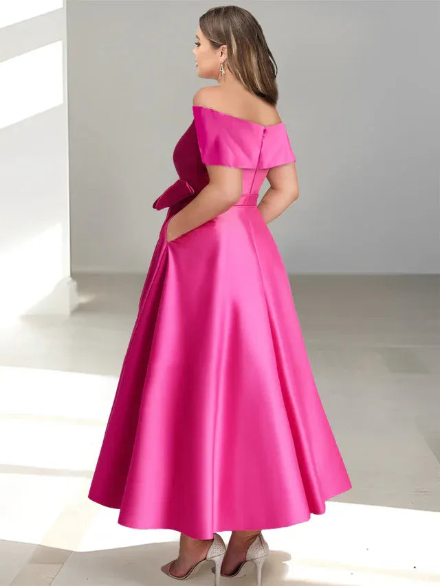 A-Line Off-the-Shoulder Sleeveless Ankle-Length Mother of the Bride Dress with Pockets