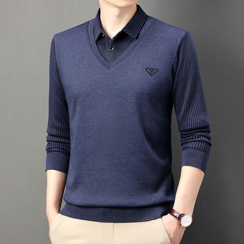 Collar Button Embroidery Striped Sweter for men